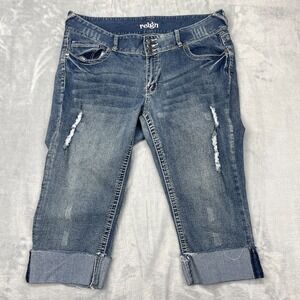 Reign Cropped Jeans Womens 39x20 Blue Whiskered Distressed Stretch Roll-Up‎ Hem